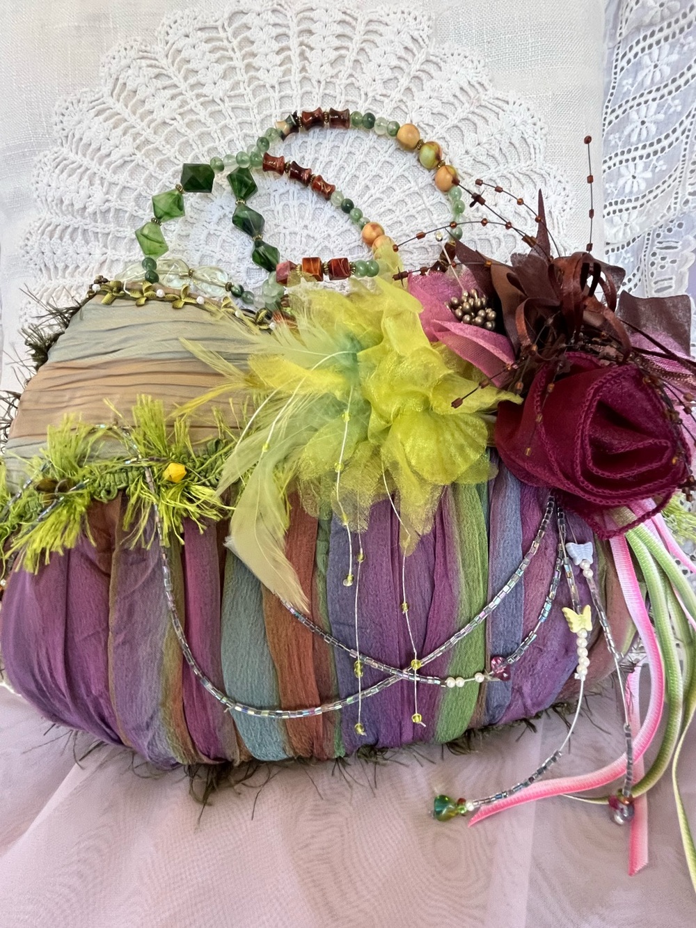 Mary Frances Multicolor Silk Ribbon Evening Bag with Floral Embellishments, EUC